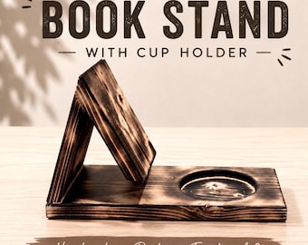 Holz Buchhalter und Ständer mit Tassen- und Brillenablage | Handmade Nachttisch Buch Valet | Rustikales Geschenk für Leser und Buchliebhaber