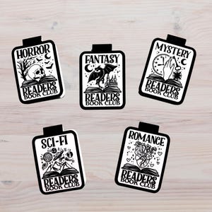 May include: Five black and white rectangular book club themed stickers. Each sticker features a different genre: Horror, Fantasy, Mystery, Sci-Fi, and Romance. Each sticker has the text "READERS BOOK CLUB".