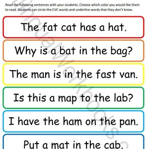 Puede incluir: Una hoja de trabajo imprimible para enseñar fonética a los niños. La hoja de trabajo presenta casillas de colores con frases como "The fat cat has a hat." y "Why is a bat in the bag?"  La hoja de trabajo se titula "Pineapple Phonics Level 2 CVC Rainbow Reading 1".