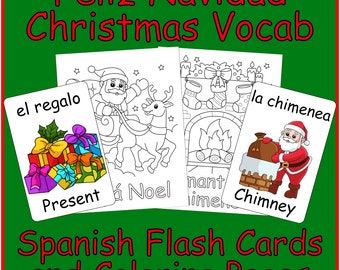 Spanish-English Bilingual Christmas Holiday Vocab Flashcards & Coloring Pages for Kids, ESL, Homeschool, Classroom - Printable Worksheets
