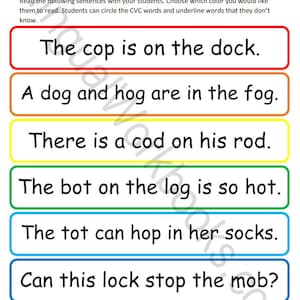 May include: A printable worksheet with colorful boxes containing sentences for reading practice. The sentences use CVC words, which are words with a consonant, vowel, and consonant sound. The worksheet is titled "Pineapple Phonics Level 2 CVC Rainbow Reading 4".