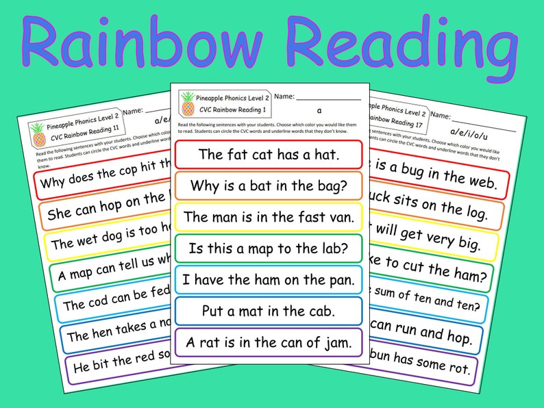 May include: Printable worksheet for learning CVC words. The worksheet has a rainbow theme and features sentences with CVC words. The sentences are color-coded to help students learn the sounds of the letters.