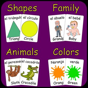 May include: Educational flashcards with categories: Shapes, Family, Animals, and Colors. Each card features a picture and word in English and Spanish. Includes a green triangle, yellow circle, grandfather, baby, sloth, crocodile, orange, and green.