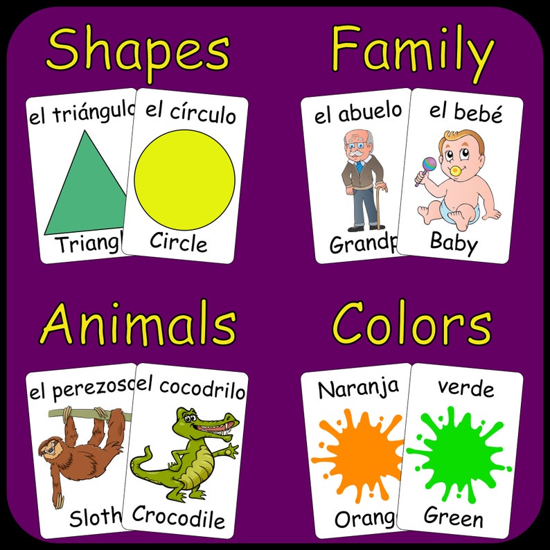 May include: Educational flashcards with categories: Shapes, Family, Animals, and Colors. Each card features a picture and word in English and Spanish. Includes a green triangle, yellow circle, grandfather, baby, sloth, crocodile, orange, and green.