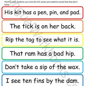 May include: A colorful worksheet with the title "Pineapple Phonics Level 2 CVC Rainbow Reading 9" and the words "a/e/i". The worksheet has seven sentences with different colored backgrounds. Each sentence has words that are circled and underlined.