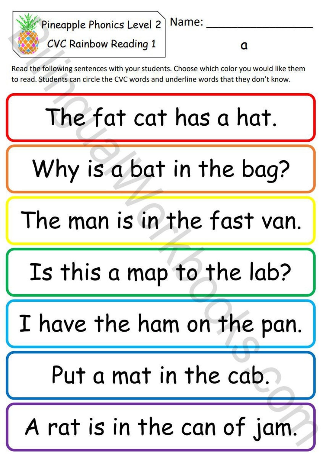 Pineapple Phonics Level 2 English CVC Short Vowel Rainbow Reading Sentences W/ Vocab Digital
