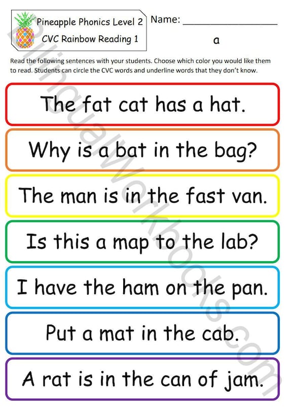 Pineapple Phonics Level 2 - English CVC Short Vowel Rainbow Reading Sentences w/ Vocab - Digital Download - Printable Worksheets - 25 Pages