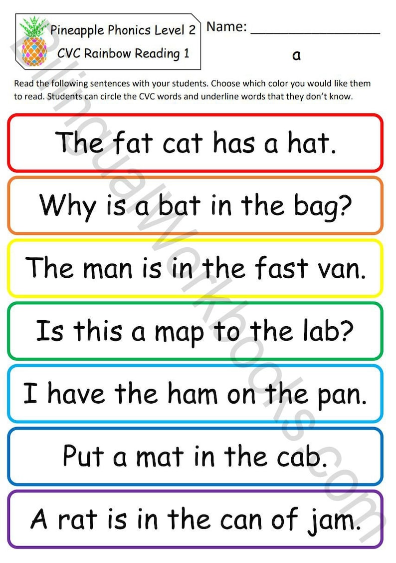 May include: A printable worksheet for teaching phonics to children. The worksheet features colorful boxes with sentences like "The fat cat has a hat." and "Why is a bat in the bag?"  The worksheet is titled "Pineapple Phonics Level 2 CVC Rainbow Reading 1".