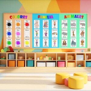May include: A colorful educational poster with the words "COLORES", "FAMILIA", and "ANIMALES" in Spanish. The poster displays color names, family members, and animal names with corresponding illustrations. The classroom setting includes storage cubbies and yellow seating.