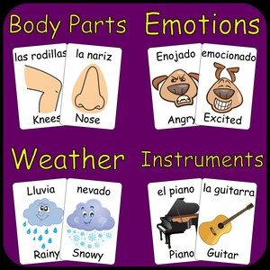 May include: Educational flashcards with categories including Body Parts, Emotions, Weather, and Instruments. The cards feature illustrations and words in English and Spanish. The image includes a piano and a guitar.