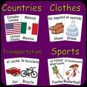 May include: Educational flashcards with categories like Countries, Clothes, Transportation, and Sports. Cards feature illustrations of a car, bicycle, shoes, dress, and flags of the United States and Mexico. Text in English and Spanish.