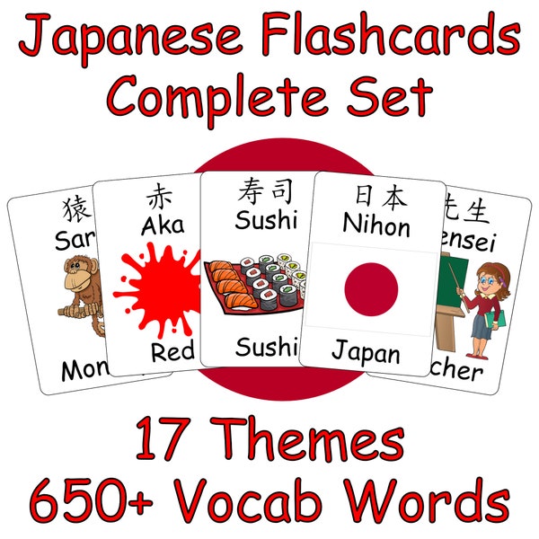 Japanese to English Bilingual Vocab Flashcards - 17 Themes/650+ Picture Cards Beginner Vocabulary Words for Kids!