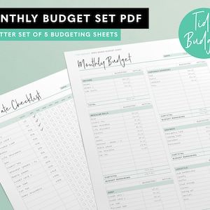 Monthly Budget US Letter PDF Set of 5 Worksheets - Zero Based Budgeting PDF from Tidy Budget
