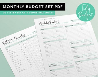 Monthly Budget US Letter PDF Set of 5 Worksheets - Zero Based Budgeting PDF from Tidy Budget