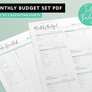 Monthly Budget A4 PDF Set of 5 Worksheets - Zero Based Budgeting PDF from Tidy Budget
