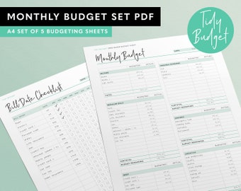 Monthly Budget A4 PDF Set of 5 Worksheets - Zero Based Budgeting PDF from Tidy Budget