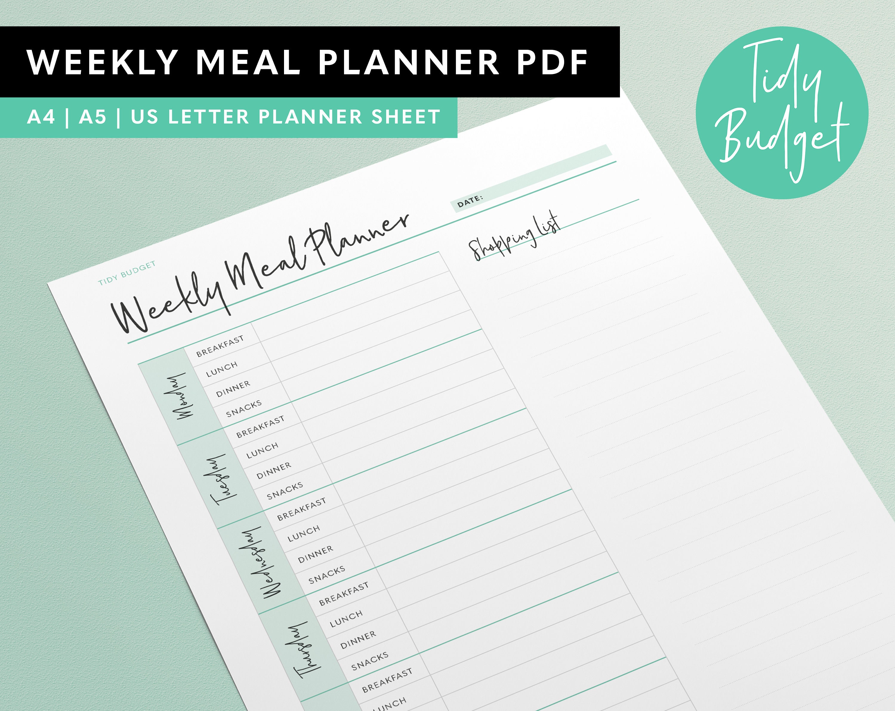 Weekly Meal Planner PDF Planner Sheet A4 | A5 | US Letter - Planner ...