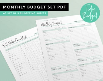 Monthly Budget A5 PDF Set of 5 Worksheets - Zero Based Budgeting PDF from Tidy Budget
