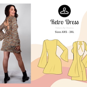 Könnte beinhalten: Ein Retro-Kleid mit Glockenärmeln und offenem Rücken, mit einem gestreiften Muster in Braun, Orange und Weiß. Das Bild enthält auch einen gelben Kleid-Entwurf und den Text "Retro Dress" und "Patterns By Christina, Größen XXS - 3XL".