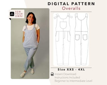 Puede incluir: Un patrón de costura digital para petos con una prenda de cuadros azules y blancos, un dibujo técnico de línea de las vistas frontal y trasera, y texto que indica Digital Pattern Overalls, Size XXS - 4XL, Sew Your Own e Instant Download.