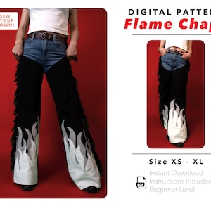May include: Digital sewing pattern for flame chaps. The pattern includes instructions and is for sizes XS to XL. The image shows a person wearing black chaps with white flame designs.