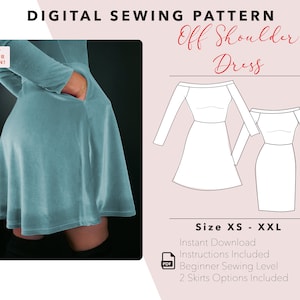 Off Shoulder Dress / Digital PDF Sewing Pattern /XS-XXL /Instant Download /Bridesmaid  /Women&#39;s Dress / Instant Download /Easy Sew!