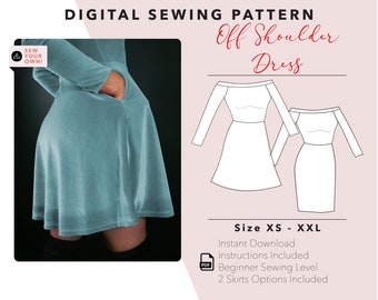 Schulterfreies Kleid / Digitales PDF Schnittmuster / XS-XXL /Sofort Download /Brautjungfer /Frauenkleid / Sofort Download /Einfach nähen!