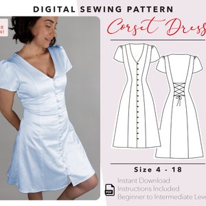 May include: A digital sewing pattern for a corset dress. The pattern includes instructions and is available in sizes 4-18. The dress has a V-neckline, short sleeves, and a fitted bodice with a lace-up back.