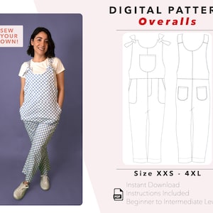 May include: A digital sewing pattern for overalls, featuring a front and back view of the garment. The pattern is available in sizes XXS to 4XL and includes instructions. The pattern is for a beginner to intermediate sewing level.