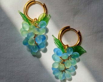 Handmade Grape Earrings, Gold Hoop Earrings with charm, Glass charm earrings, Fruit Earrings, Food Jewelry, Grape drop earrings, Unique gift