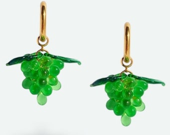 Grape Gold Hoop Earrings, Glass Grape drop earrings, Fruit earrings, gold summer earrings, gift for her, colorful jewelry