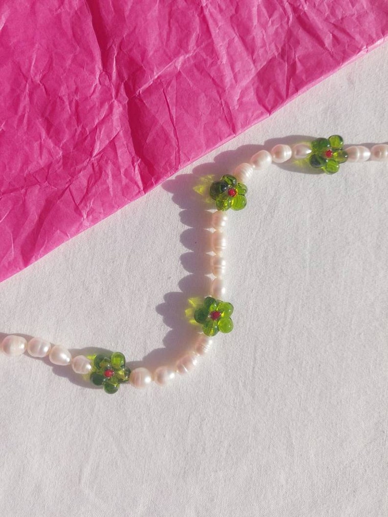 Handmade Flower Beaded Necklace, Freshwater Pearl Necklace, Stacking Colourful Choker Necklace, Green flowers Necklace, Pearl choker image 1