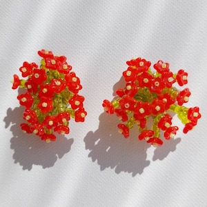 Red Flower Earrings, handmade statement earring, floral drop earrings, statement earring, colorful beaded earrings, gift for her