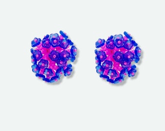 Beaded Flower Earrings, colorful statement earring, floral drop earrings, botanical jewelry, blue and pink jewelry, gift for her