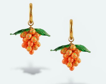 Grape Hoop Earrings, Glass drop earrings, Orange Earrings, Fruit earrings, Colourful Jewelry, Charm Hoop Earrings, Unique gift, Glass beads