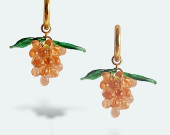 Handmade Grape Earrings, Gold Hoop Earrings with charm, Glass charm earrings, Fruit Earrings, Food Jewelry, Grape drop earrings, Unique gift