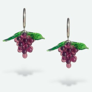 Handmade Grape Earrings, Glass drop earrings, Fruit earrings, Colourful Jewelry, Unique Earrings, Plum colored beads, Sterling Silver Hoops