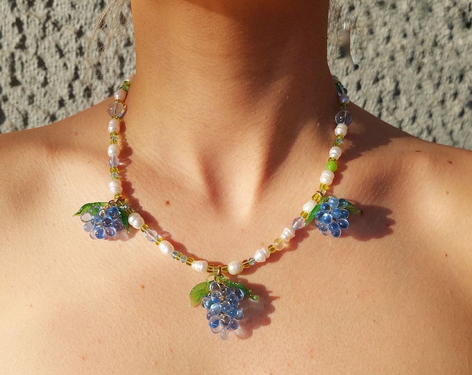 Handmade Freshwater Pearl Necklace: Berry Charm Glass Beaded Choker