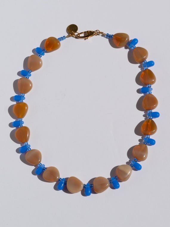 Handmade Colorful Glass Beaded Choker Necklace: Opal Brown & Blue