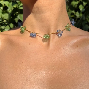 Glass Beaded Choker Necklace: Gold, Green & Blue Mediterranean Style