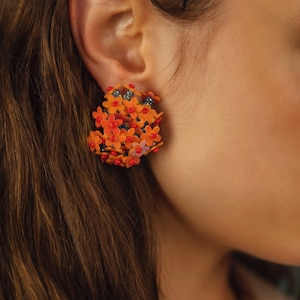 Orange Flower Earrings, handmade earrings, flower stud earrings, statement earrings, colorful earrings, beaded earrings, gift for her