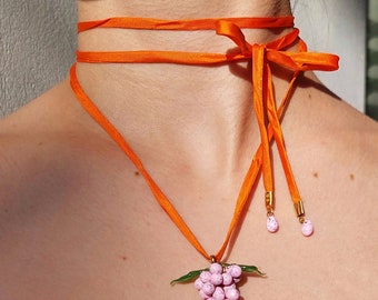 Glass Grape Beaded Necklace: Orange Silk Cord Choker