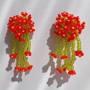 Red Colorful Flower Earrings, handmade statement earrings, floral drop earrings,beaded floral earrings, gift for her, botanical jewelry
