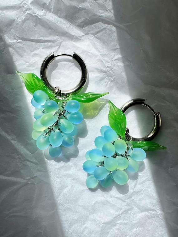 Grape Charm Hoop Earrings: Czech Glass Fruit Jewelry New