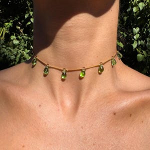 Gold & Green Glass Beaded Choker Necklace: Dainty Spring Jewelry