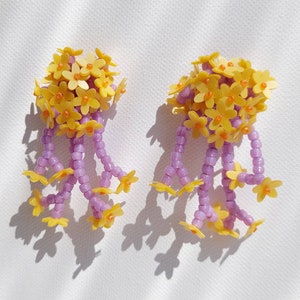 Yellow Flower Earrings large, nature jewelry, floral drop earrings,flower earrings retro, colourful earrings studs,beaded botanical earrings