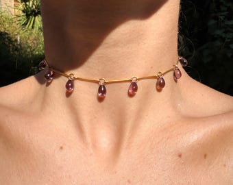 Gold Amethyst Perlen Choker Halskette: Zierliche Glas Schmuck
