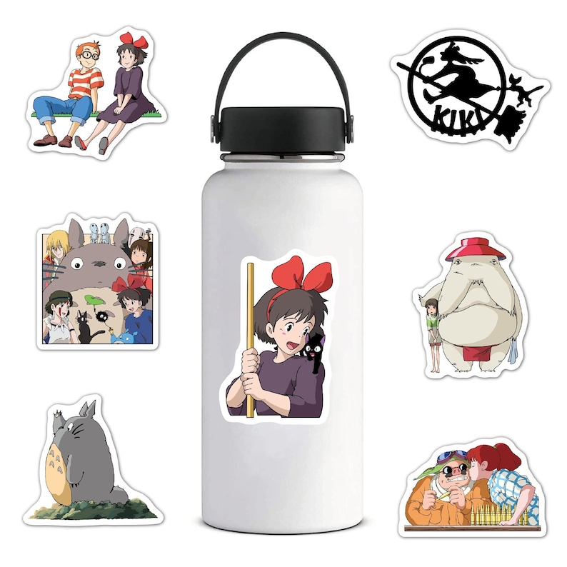 May include: A set of 10 stickers featuring characters from the animated film Kiki's Delivery Service. The stickers feature Kiki, Jiji, the cat, and other characters from the film. The stickers are printed on high-quality vinyl and are waterproof and durable.