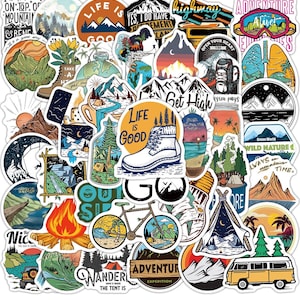 50 Mixed Camping/Adventure Pattern Stickers, for water bottles, laptop stickers, hydroflask stickers, sticker pack