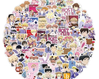 May include: A set of colorful anime character stickers featuring characters from the Ouran High School Host Club. The stickers feature a variety of characters, including the main characters, Haruhi Fujioka, Tamaki Suoh, and Kyoya Ootori. The stickers are perfect for decorating laptops, water bottles, notebooks, and other items.